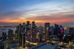 Doha West Bay skyline at sunset near JW Marriott Marquis City Center Doha
