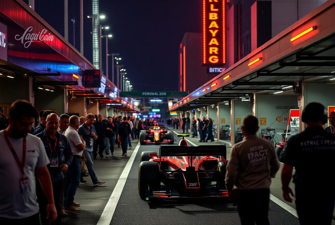 Guests on the Aramco F1 Pit Lane Walk in Las Vegas at night