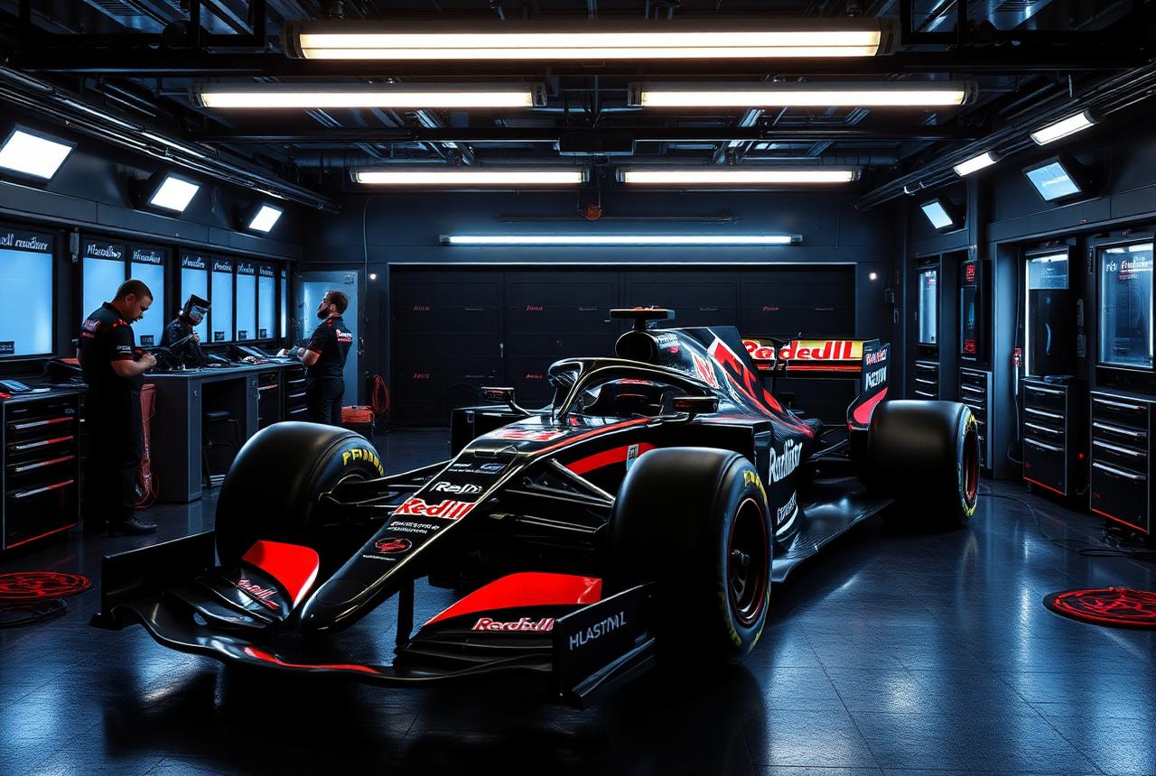 Formula 1 team garage tour with the car on stands