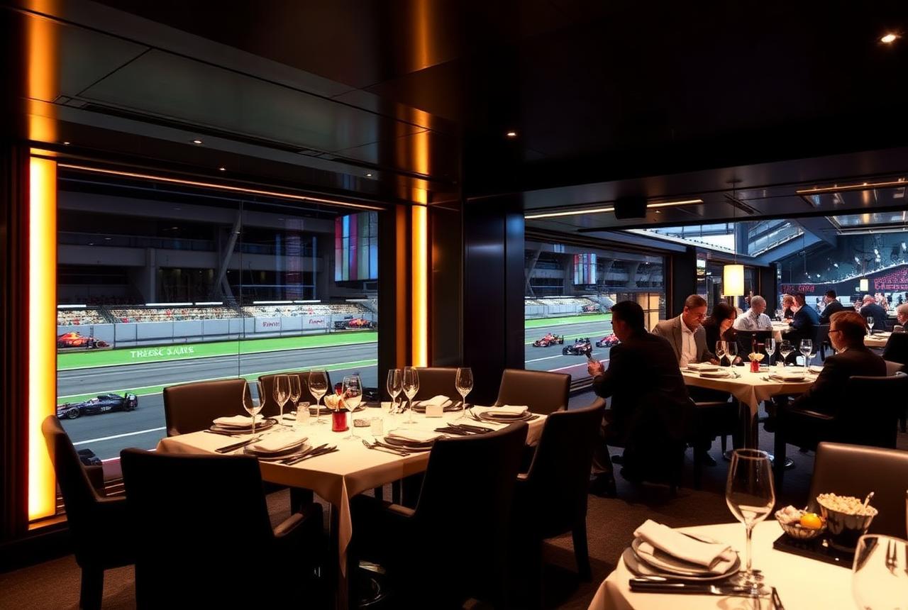 Guests dining in a trackside hospitality suite overlooking the circuit