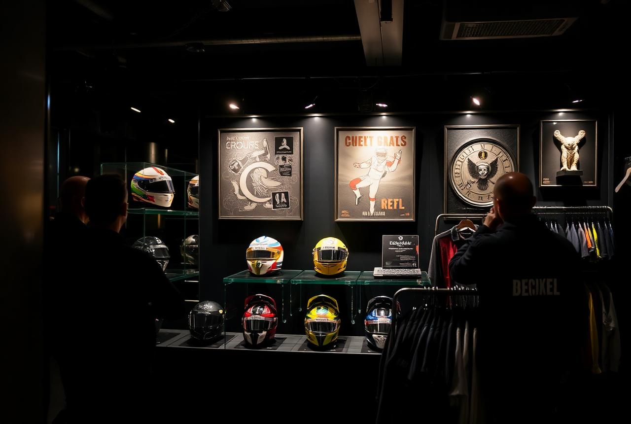 Curated display of racing helmets and career memorabilia inside House 44
