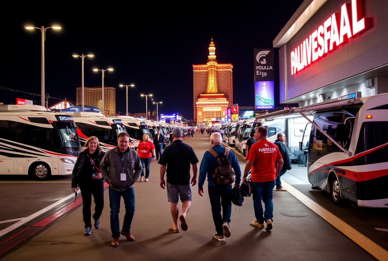 Guided tour group walking through the Formula 1 paddock in Las Vegas