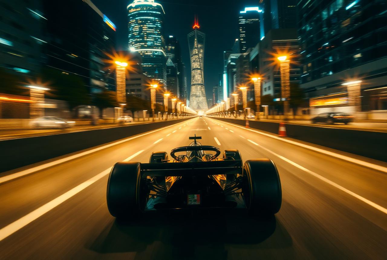 Formula 1 car accelerating onto the Koval Straightaway at night