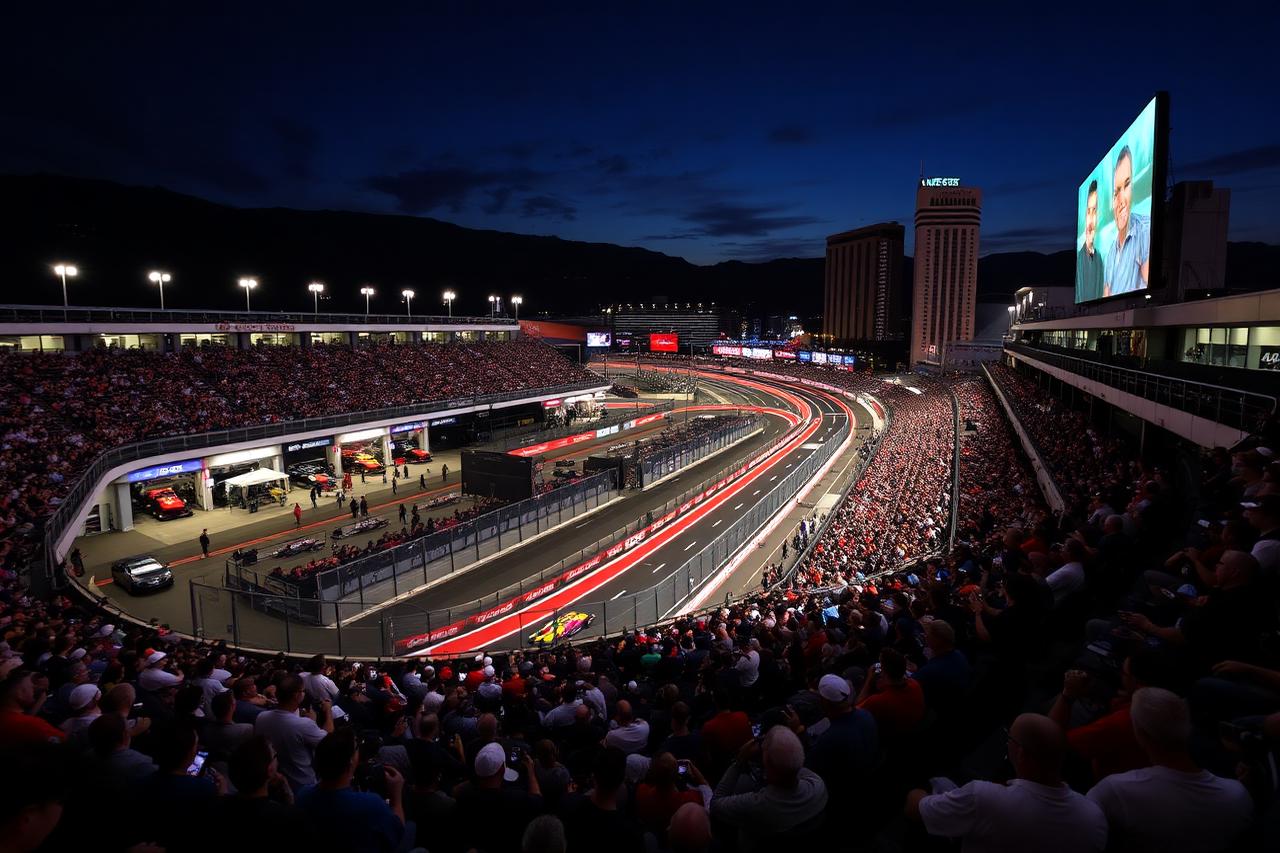 Heineken Silver Main Grandstand packed with fans overlooking the Las Vegas pit lane
