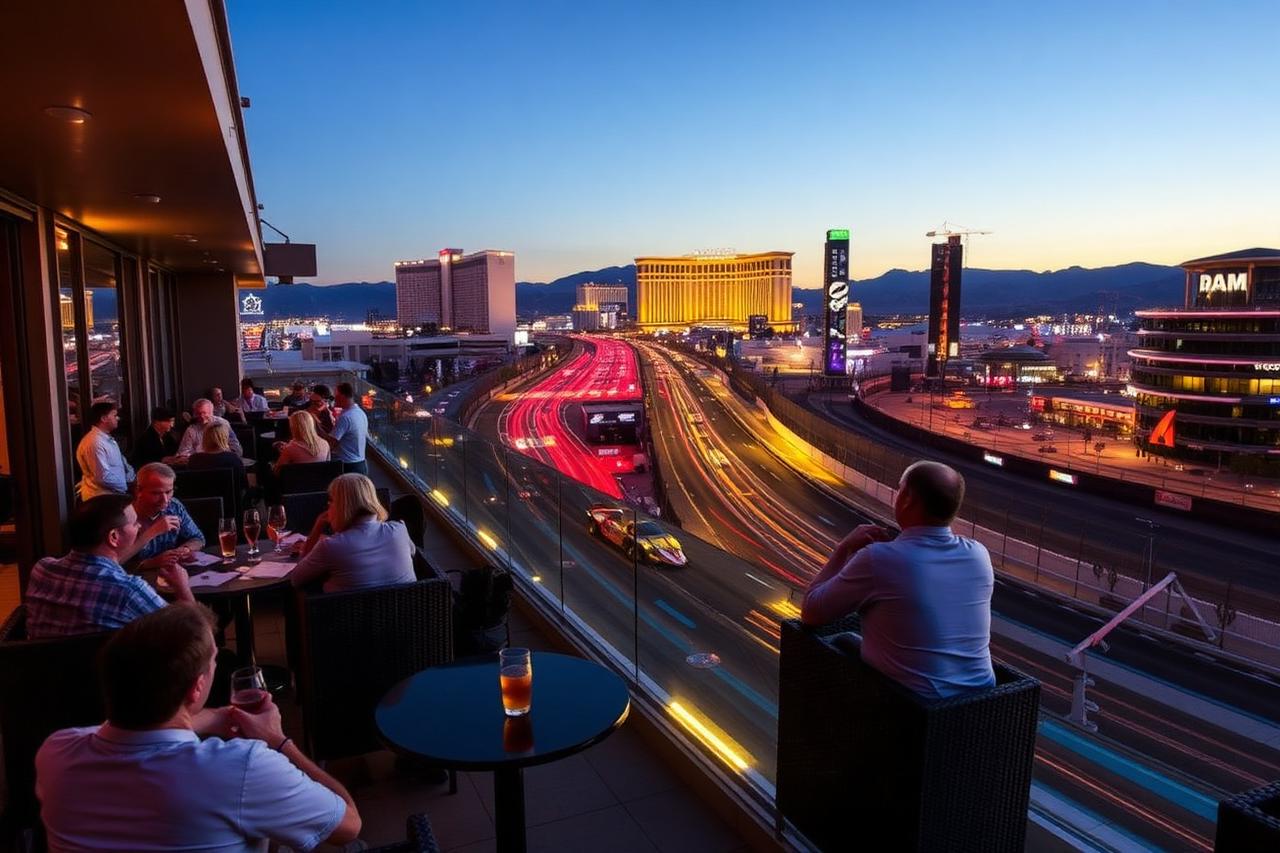 Guests on the SkyBox outdoor terrace watching the Las Vegas Grand Prix