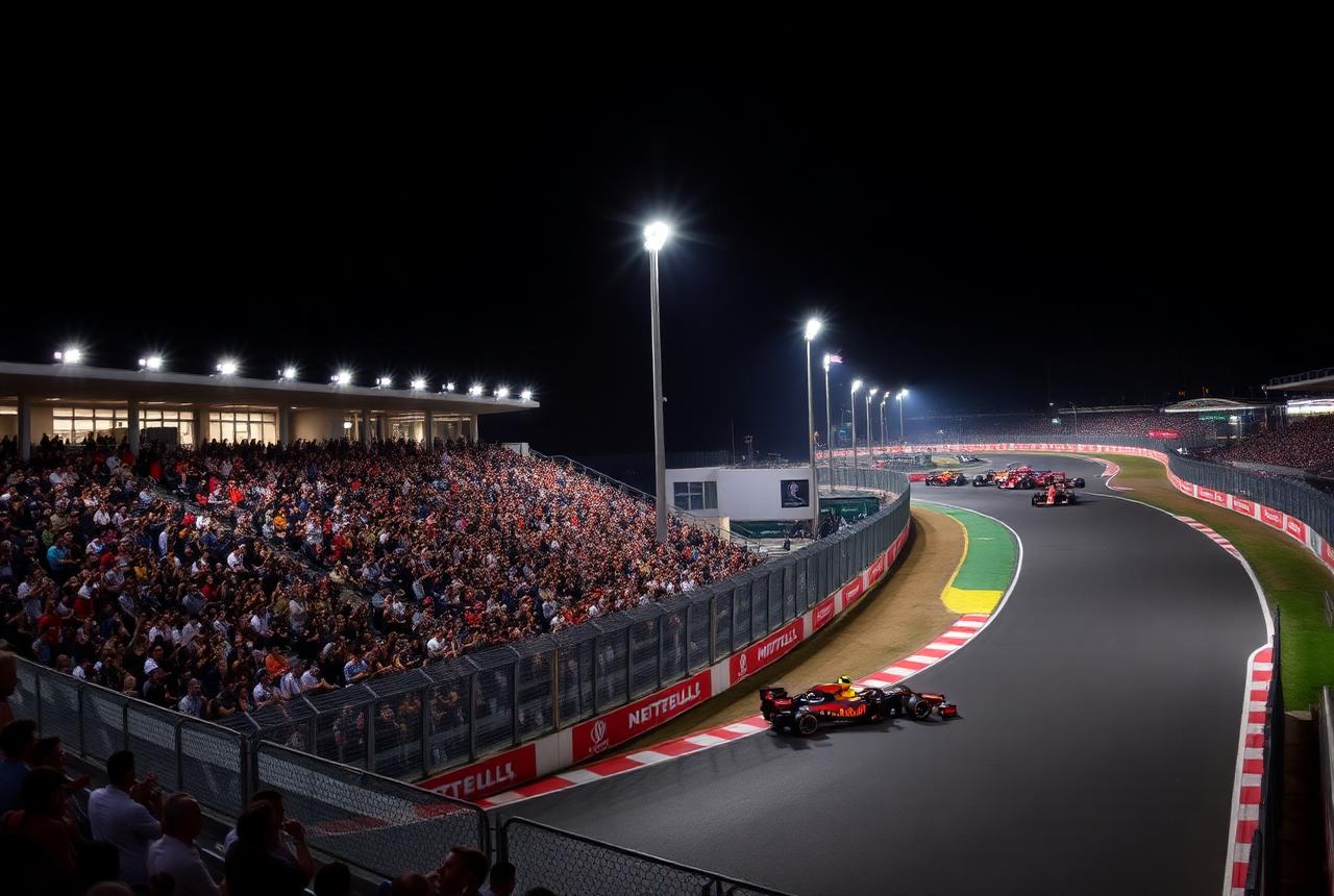Turn 3 Grandstand packed with fans at the floodlit Las Vegas street circuit